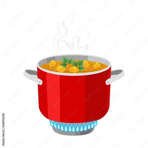 Cooking pot with soup on gas stove cartoon illustration. Boiling water ...