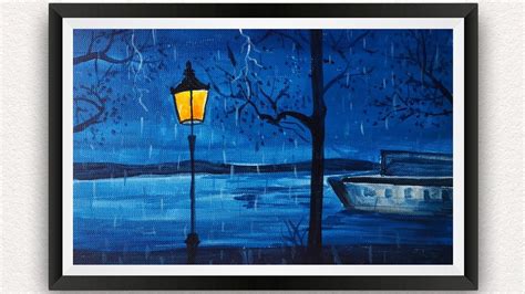 EASY RAINY SEASON ACRYLIC PAINTING TUTORIAL | RAINY NIGHT LAMP BOAT LAND... | Night painting ...