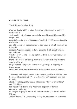 CHARLES TAYLOR The Ethics of Authenticity Charles Tayl.docx