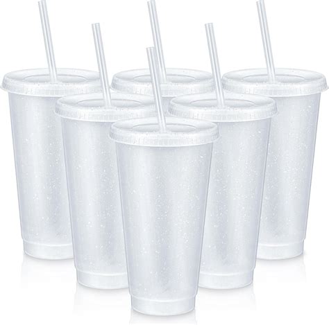 Amazon.com | 6 Pcs Reusable Tumbler with Lids and Straws Plastic Iced Coffee Tumbler Glitter ...