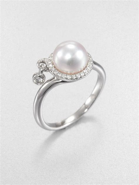 Mikimoto 8mm Round White Akoya Pearl Diamond Ring in White (pearl) | Lyst