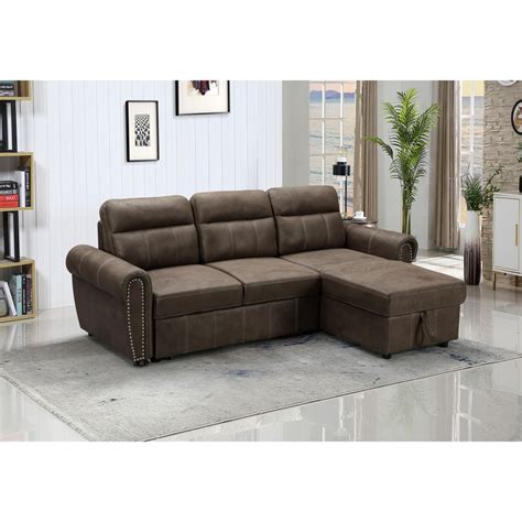 96" Ashton Brown Polished Microfiber Sleeper Sectional Sofa with Reversible Storage Chaise ...