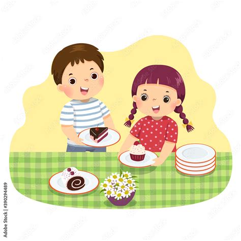 Vector illustration cartoon of little siblings setting the table. Kids ...