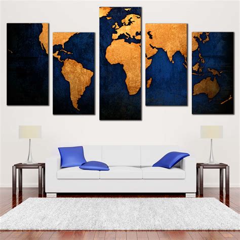 World Map Canvas Wall Art, Blue Background World Map 5 Piece Multi Can ...