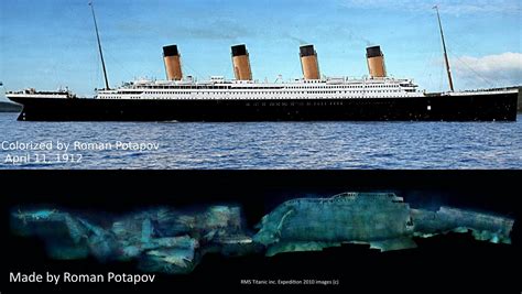 A colorized photograph of Titanic, alongside a computer rendering of Titanic's bow and stern ...