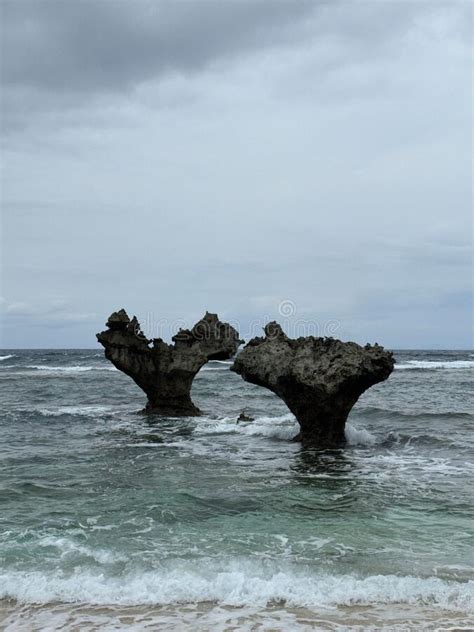 Vertical of the Tourist Attraction Heart Rock in Japan Getting Watered by Foamy Ocean Waves ...