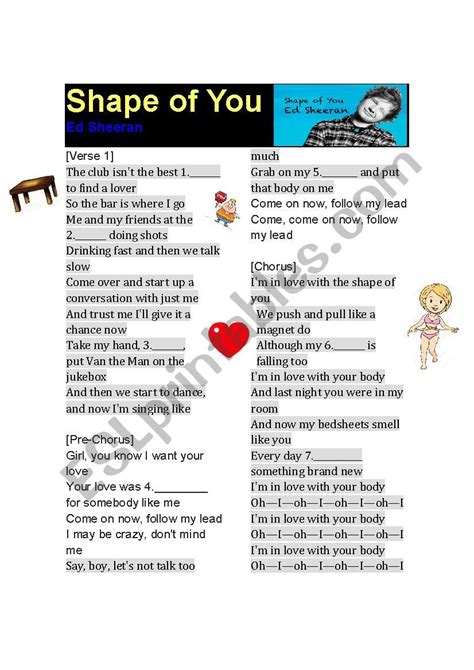 Ed Sheeran - Shape of you - Lyrics - ESL worksheet by felipe1392