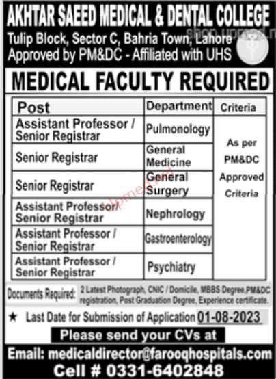 Akhtar Saeed Medical & Dental College Lahore – UPMED Jobs