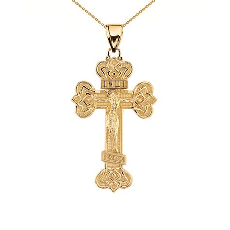 Yellow Gold Budded Eastern Orthodox Crucifix Cross Pendant Necklace