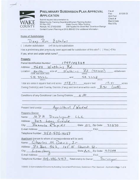 (PDF) PRELIMINARY SUBDIVISION PLAN ApPROVAL Fee. · PDF fileWake County ...