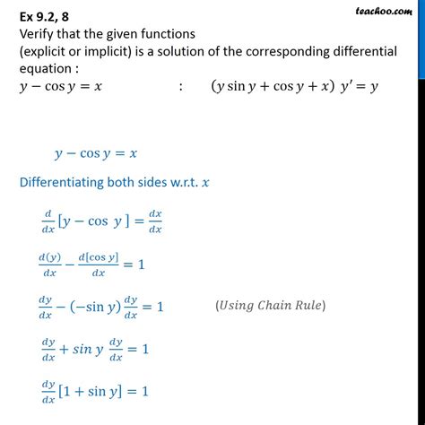 Ex 9.2, 8 - Verify y - cos y = x : (y sin y + cos y + x) y' = y