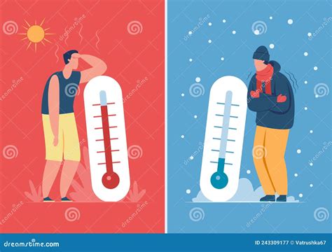 Male Character in Hot and Cold Weather with Outdoor Thermometer. Person ...