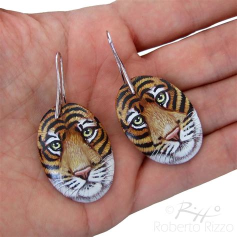Pair of Unique Tiger Earrings | Hand Painted Jewels by Roberto Rizzo