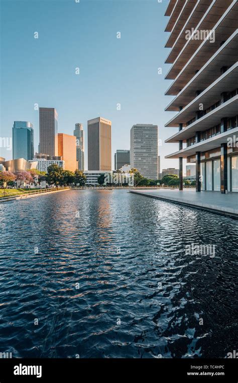 The downtown Los Angeles skyline, with the reflecting pool at the ...