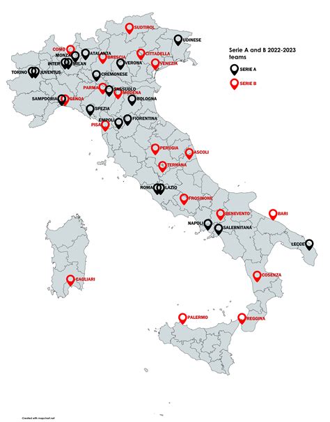 Location of Serie A + Serie B teams in the 2022/23 season : r/seriea