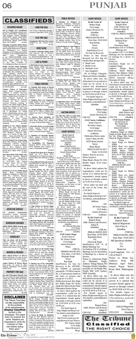 Tribune Classifieds Ad Page Punjab - Advert Gallery