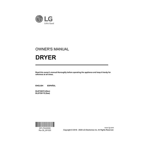 DLE7300WE / DLE7300VE LG Top Load Electric Dryer User Manual