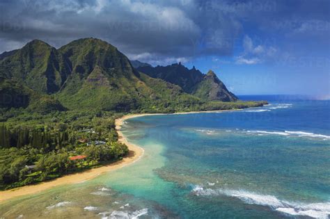 Aerial view by drone of Tunnels Beach, Haena State Park, Kauai Island, Hawaii, United States of ...