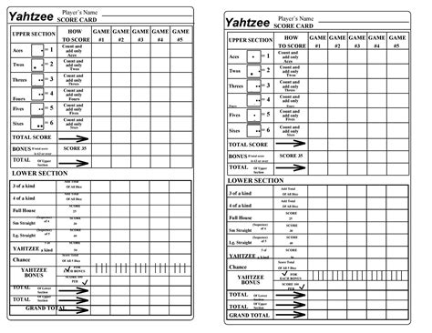 Yahtzee Printable Score Sheets