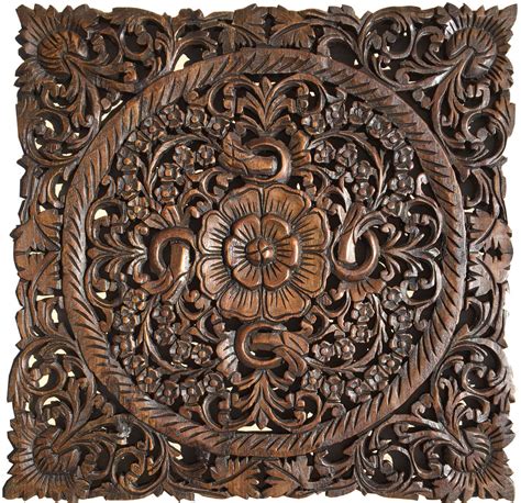 Carved Wood Wall Decor.Oriental Floral Wood Wall Art Plaque.Dark Brown ...