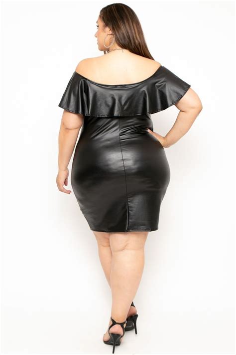 This plus size, faux leather bodycon dress features a deep plunging v ...