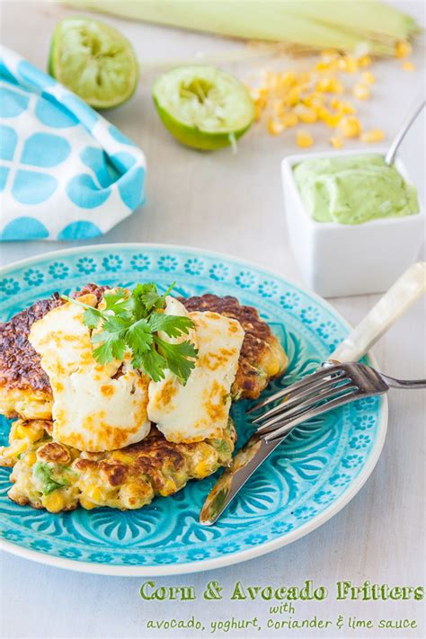 Corn and avocado fritters with avocado, yoghurt, coriander & lime sauce | Delicious Everyday