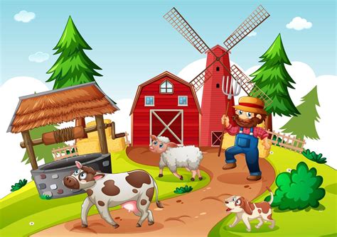 Farmer with animal farm in farm scene in cartoon style 1486257 Vector ...