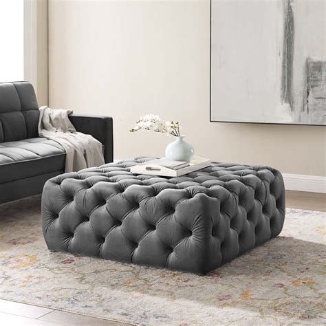 Anthem Tufted Button Large Square Performance Velvet Ottoman in Gray - Walmart.com - Walmart.com