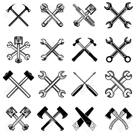 Set of crossed saws, hammers, pistons, wrench, axe. Design element for logo, label, emblem, sign ...