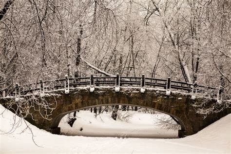 Beautiful Old Stone Bridge Of Winter Forest In The Snow At Sunset ...