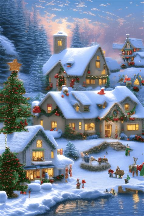 Thomas Kinkade Christmas Village with Snowman · Creative Fabrica