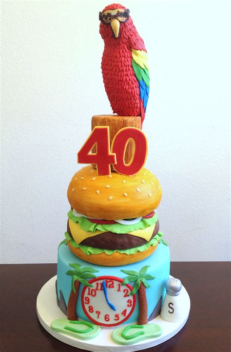 Jimmy Buffet themed hamburger cake with edible parrot made of rice ...