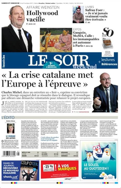 Journal Le Soir (Belgique). Les Unes des journaux de Belgique. Édition du samedi, 14 de octobre ...