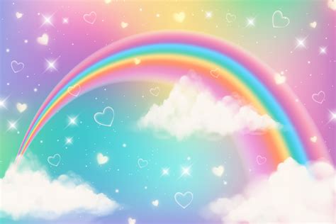 Holographic fantasy rainbow unicorn background with clouds. Pastel color sky. Magical landscape ...