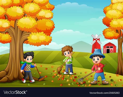 Children raking leaves in the farmyard during fall