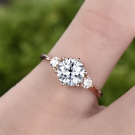 Three Stone Moissanite Engagement Ring Rose Gold 14K/18K - Etsy