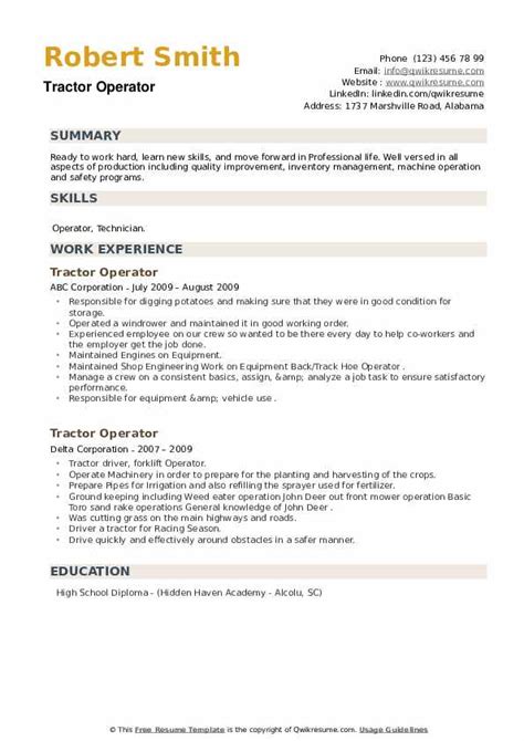 Tractor Operator Resume Samples | QwikResume