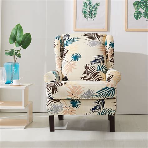 Leaves Printed Stretch 2 Piece Wing Chair Cover Furniture Protector ...