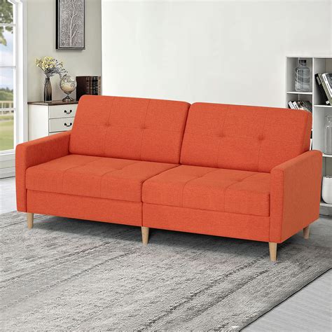 Linen Sofa Bed Couch with Adjustable Backrest and Wooden Legs, Mordern ...