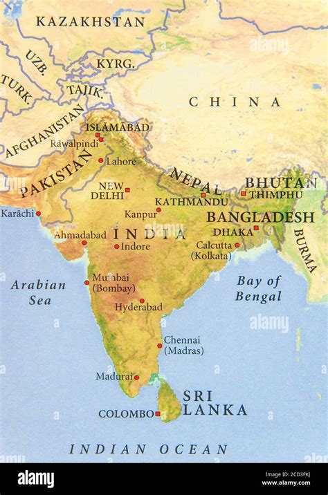 Geographic map of Pakistan, India, Nepal, Bangladesh and Bhutan with important cities Stock ...