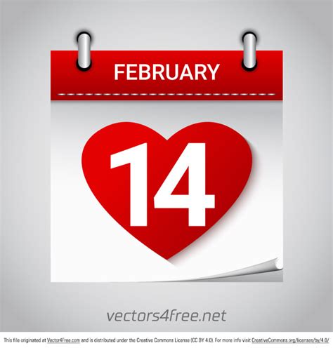 Free Valentines Day February 14 Calendar Vector