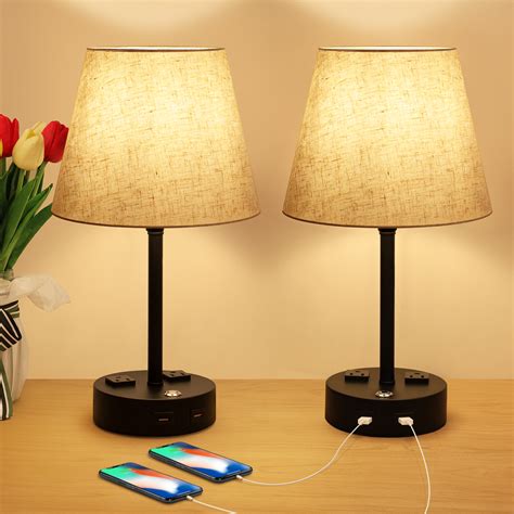 Touch Control Bedside Lamps with 2 USB Charging Ports, 3 Ways Dimmable Nightstand Lamps with A19 ...