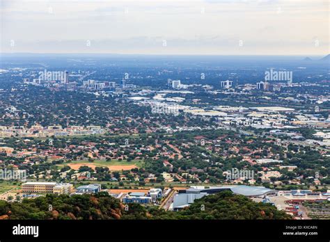 Aerial view of Gaborone city downtown spread out over the savannah, Gaborone, Botswana, Africa ...