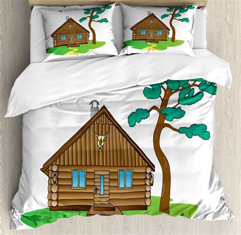 Log Cabin Duvet Cover Set, Image of a Rustic Lodge with a Large Tree and Dirt Road in ...