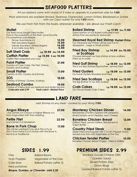 The Point Restaurant menu in Pensacola, Florida, USA