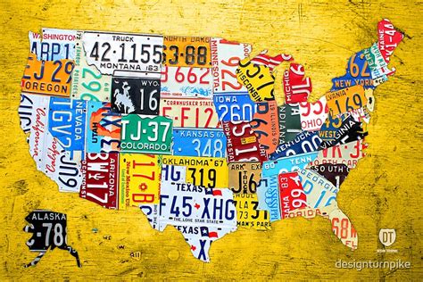 "License Plate Map of the USA Car Tag Number Plate Art on Yellow" by ...