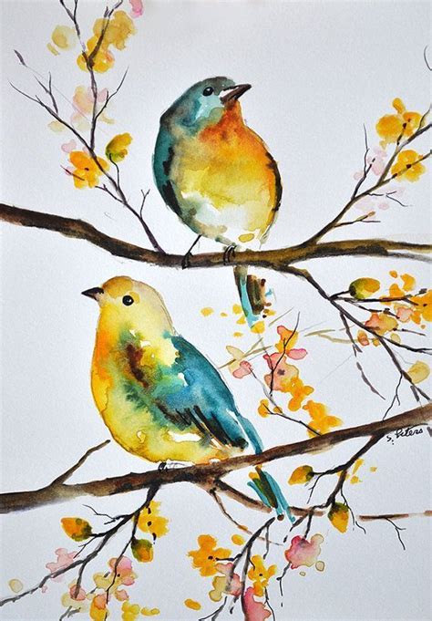 ORIGINAL Watercolor Bird Painting, Colorful Aqua Blue Yellow Birds 6x8 Inch | Pájaro de acuarela ...