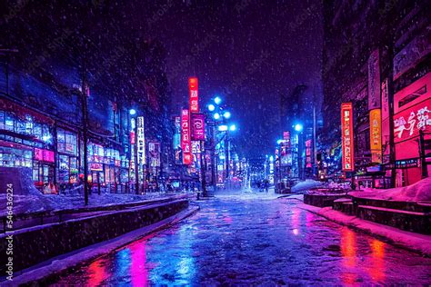 colorful Nighttime cyberpunk city illustration. A night of the neon street at the downtown ...