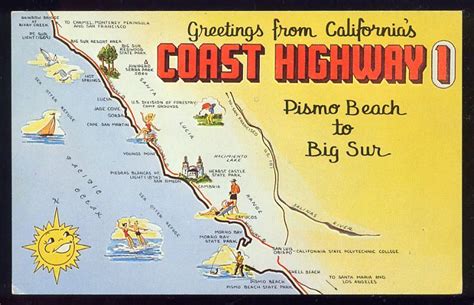 Coast Highway 1 postcard Pismo Beach to Big Sur map | Pacific coast road trip, Pacific coast ...