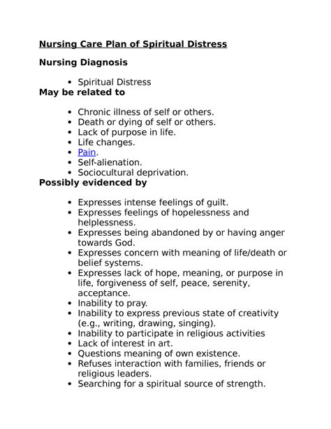 Nursing Care Plan of Spiritual Distress - Death or dying of self or others. Lack of purpose in ...